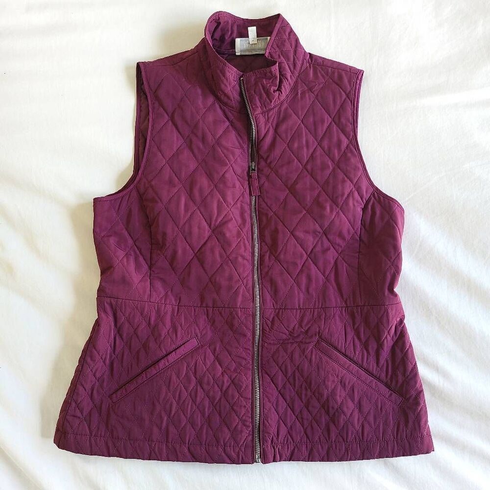 Talbots Quilted Puffer Jacket Vest Womens PM Purple Sleeveless Full Zip 100% Pol